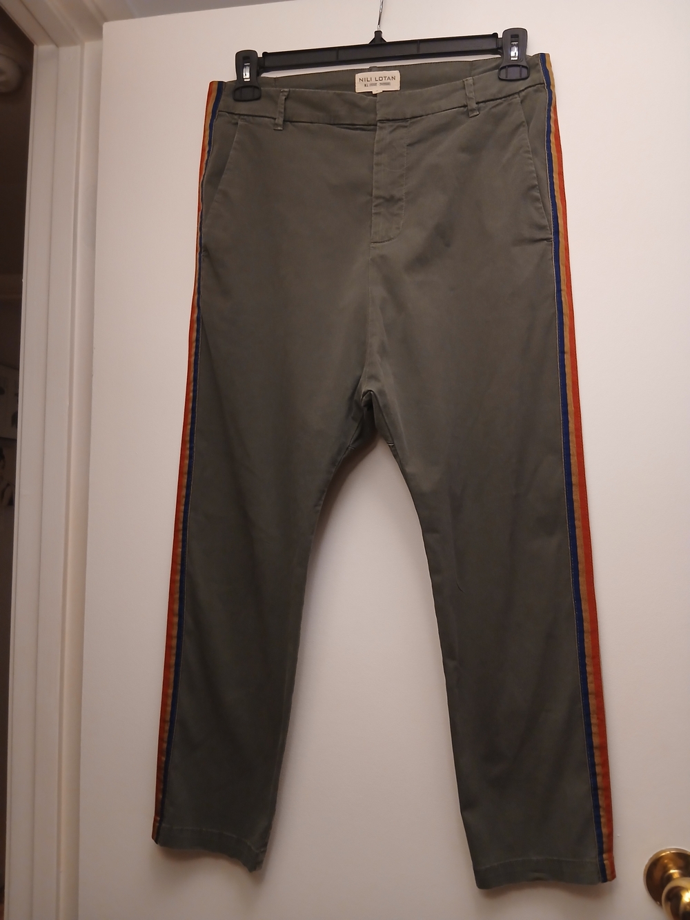 Nili Lotan East Hapmton Olive Chinos with Orange & Navy Side Stripes